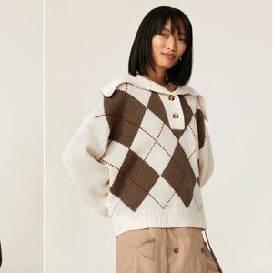 Samsoe Argyle Polo Sweater Brown Wool Collared Knit M/L